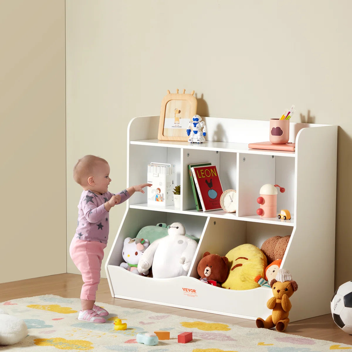 Kids Toy Storage Unit: 5-Compartment Organiser with Bookshelf