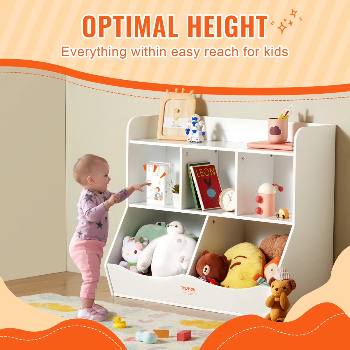 Kids Toy Storage Unit: 5-Compartment Organiser with Bookshelf