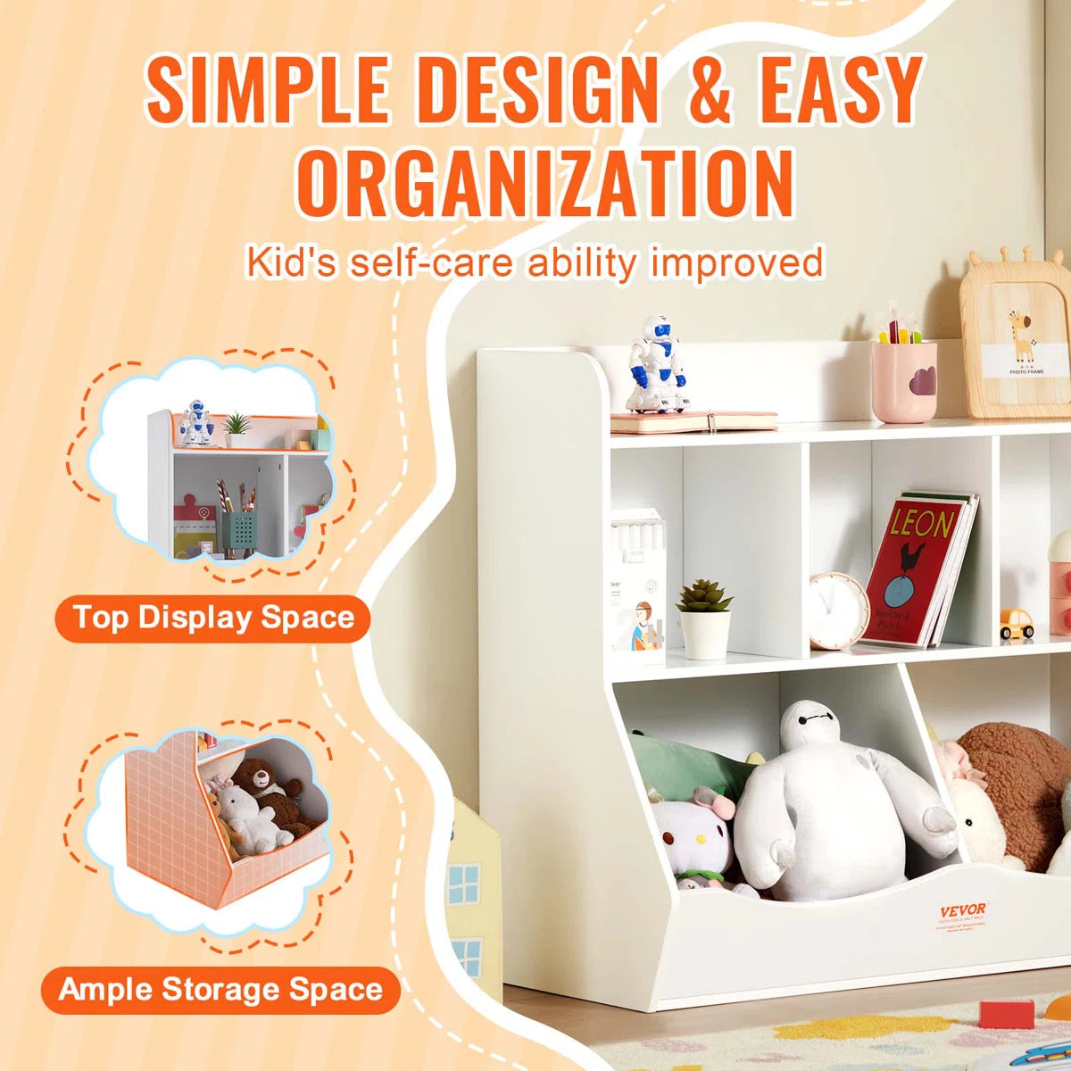 Kids Toy Storage Unit: 5-Compartment Organiser with Bookshelf