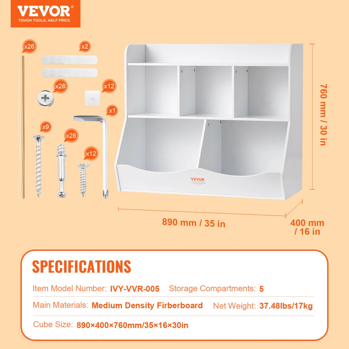 Kids Toy Storage Unit: 5-Compartment Organiser with Bookshelf
