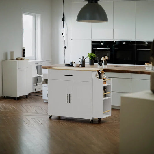 Kitchen Island Table: 47.25'' Wide Drop leaf extends Also with a spice rack and a towel bar