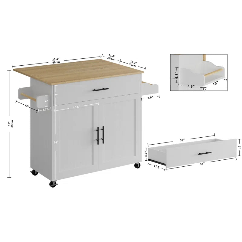 Kitchen Island Table: 47.25'' Wide Drop leaf extends Also with a spice rack and a towel bar