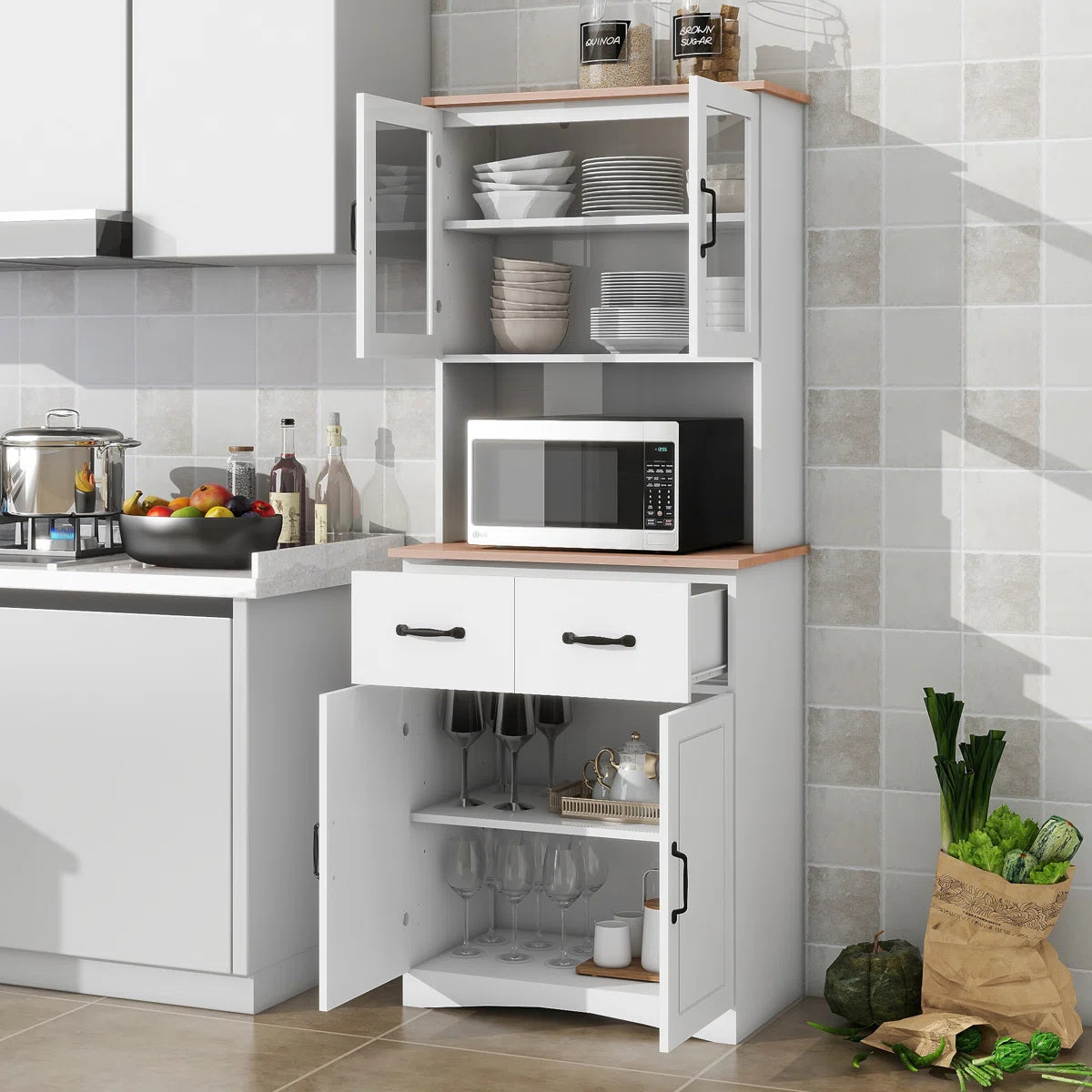 Microwave Stands : White Wooden Kitchen Cabinet with Glass Doors & Drawer – Elegant Pantry Storage Unit