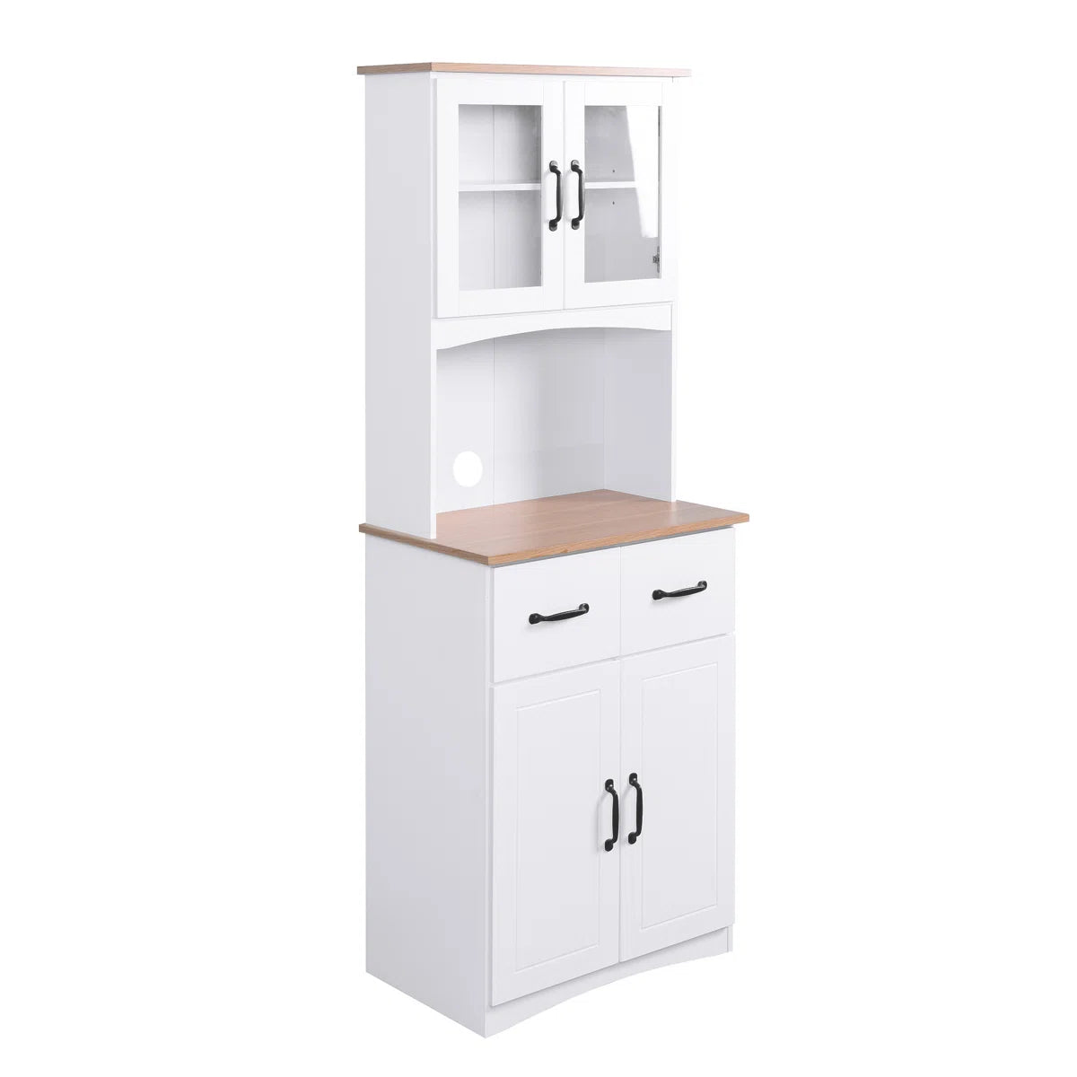 Microwave Stands: White Wooden Kitchen Cabinet with Glass Doors, Drawer, and Microwave Shelf