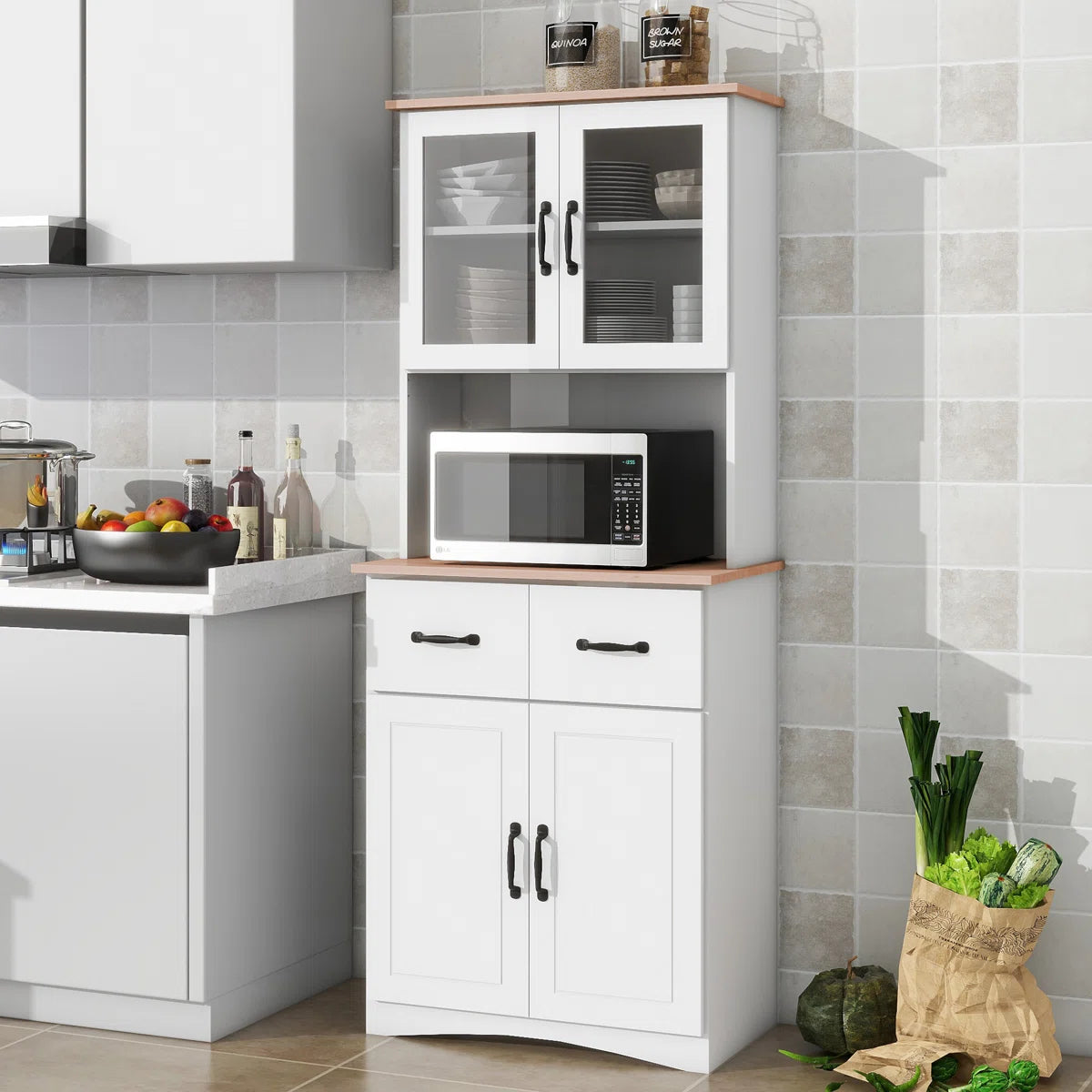 Microwave Stands: White Wooden Kitchen Cabinet with Glass Doors, Drawer, and Microwave Shelf