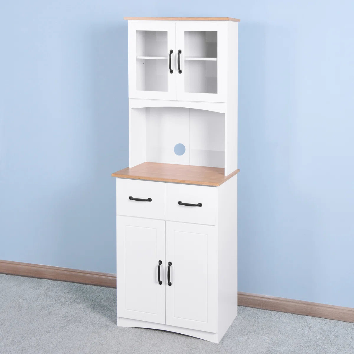 Microwave Stands: White Wooden Kitchen Cabinet with Glass Doors, Drawer, and Microwave Shelf