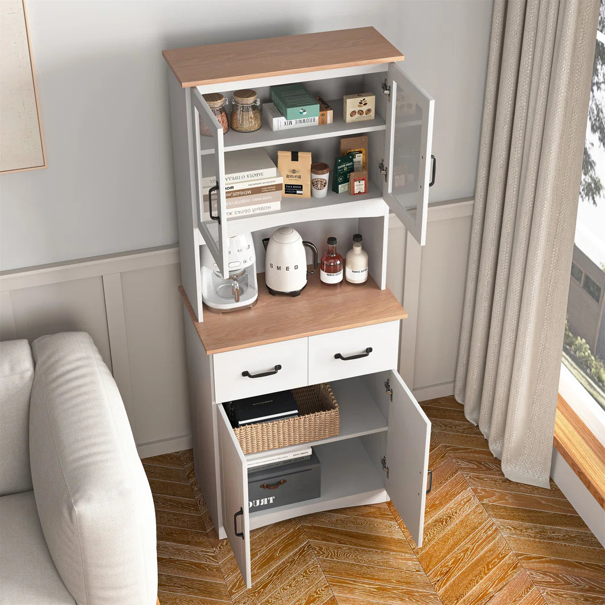 Microwave Stands : White Wooden Kitchen Cabinet with Glass Doors & Drawer – Elegant Pantry Storage Unit