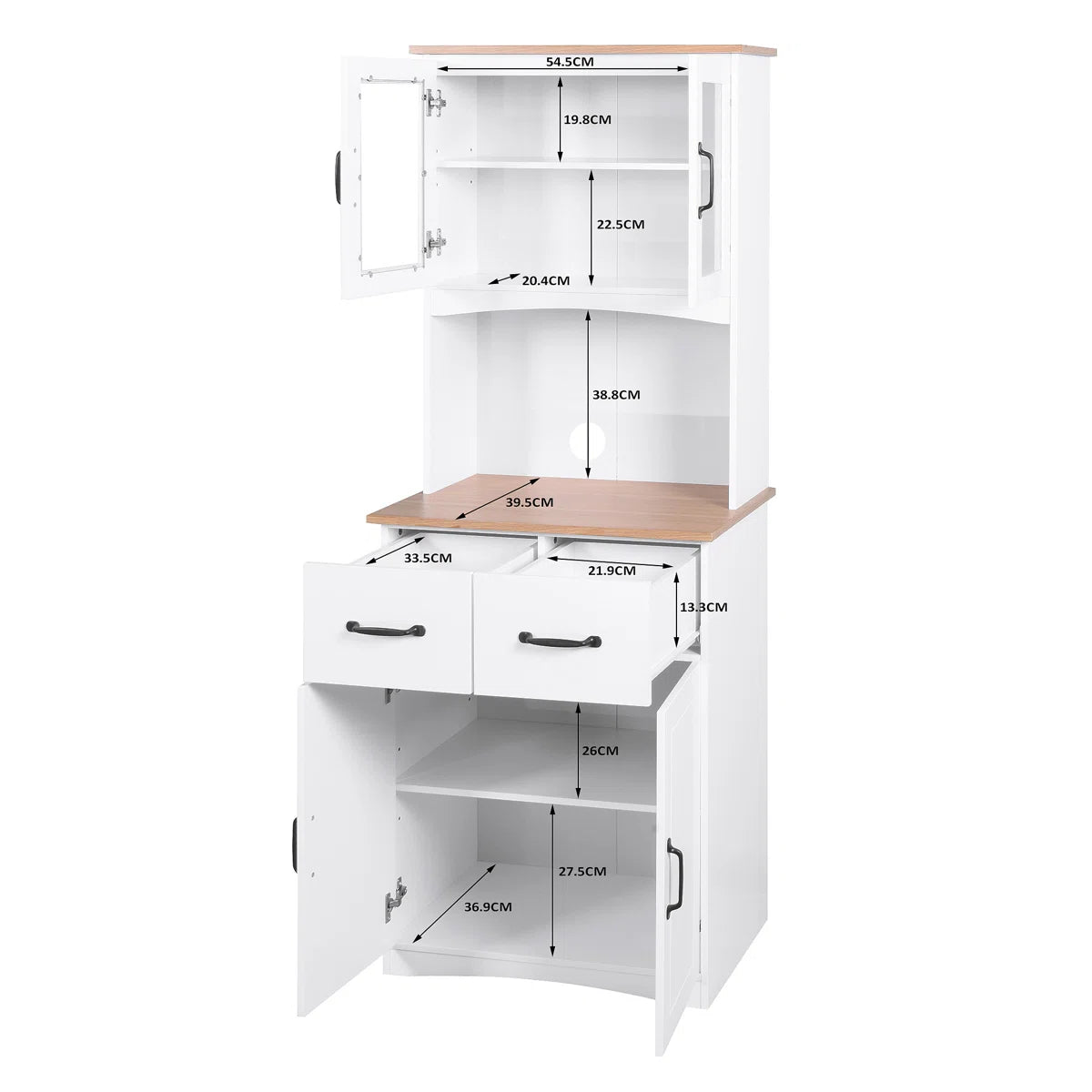 Microwave Stands: White Wooden Kitchen Cabinet with Glass Doors, Drawer, and Microwave Shelf