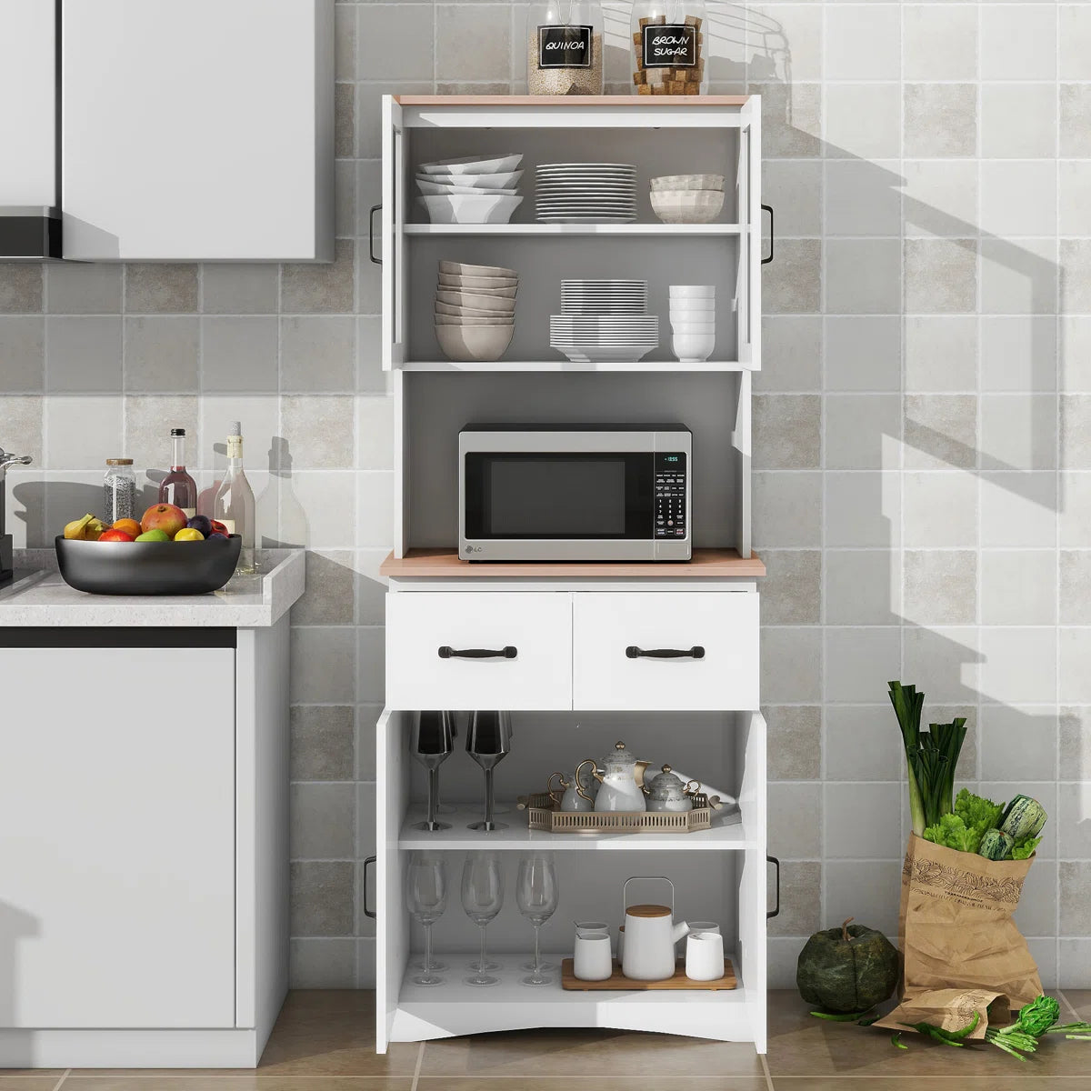Microwave Stands: White Wooden Kitchen Cabinet with Glass Doors, Drawer, and Microwave Shelf