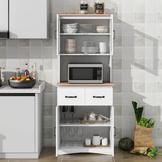 Microwave Stands: White Wooden Kitchen Cabinet with Glass Doors, Drawer, and Microwave Shelf