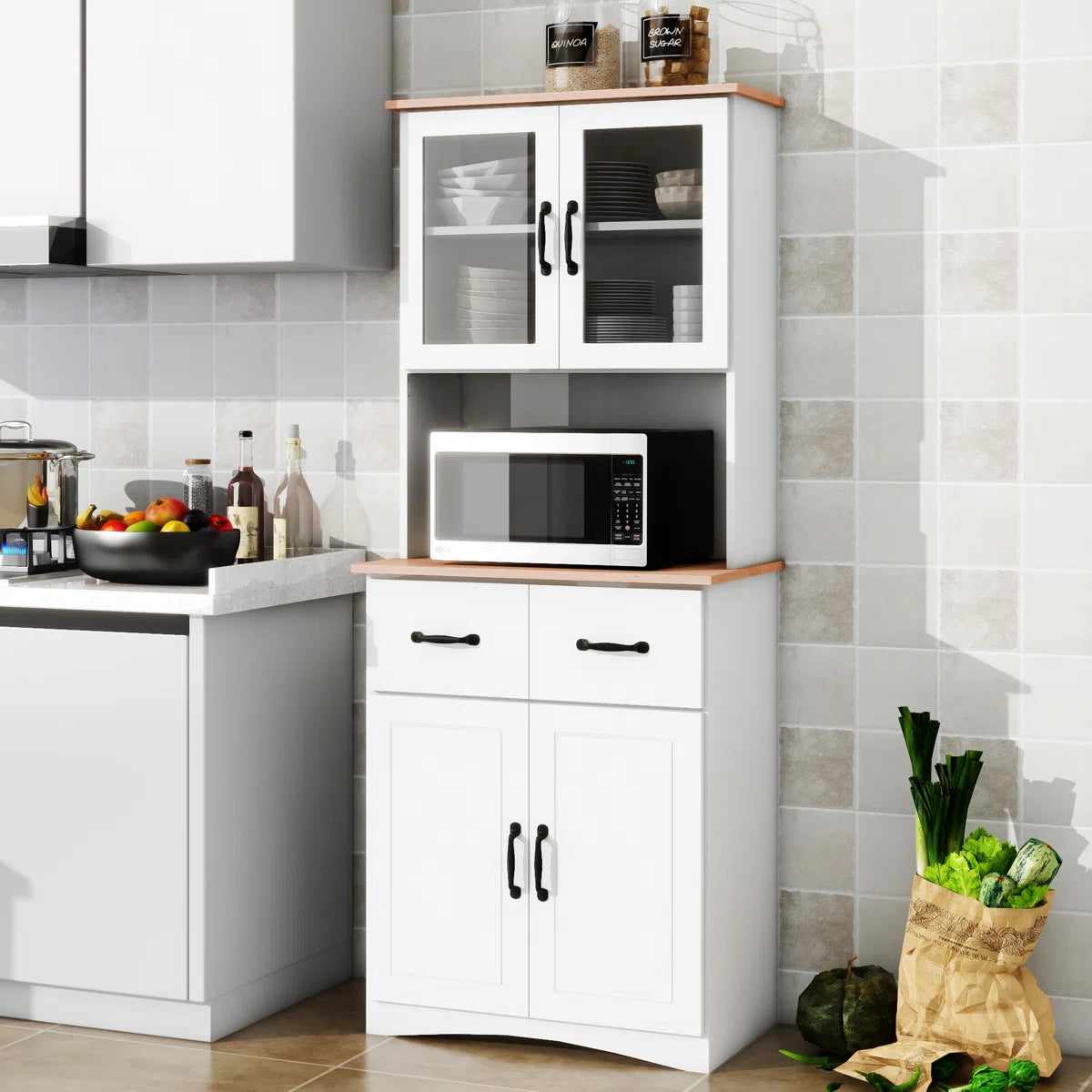 Microwave Stands : White Wooden Kitchen Cabinet with Glass Doors & Drawer – Elegant Pantry Storage Unit