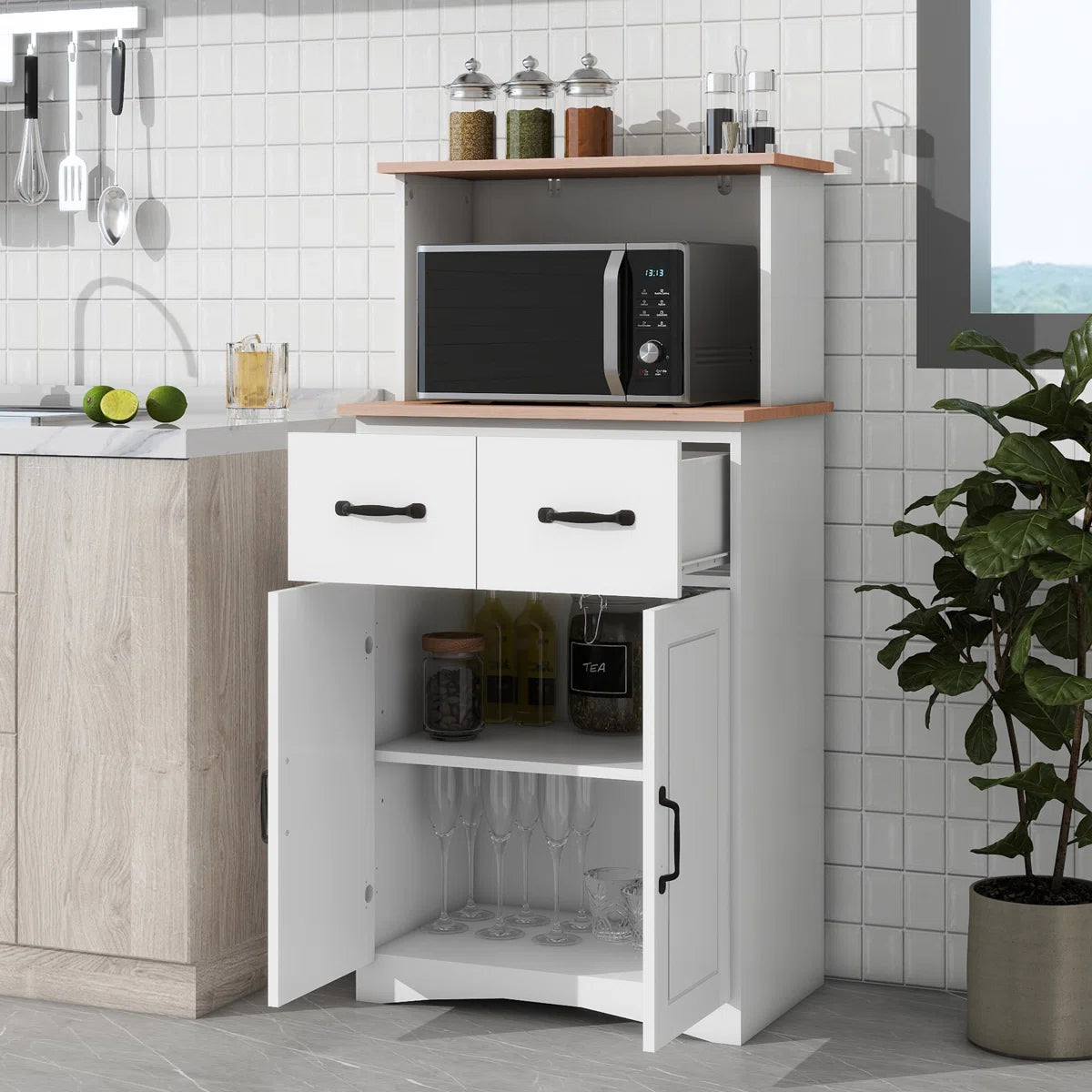 Microwave Stands: Microwave Stand with Storage – White Wooden Kitchen Pantry Cabinet with Drawer