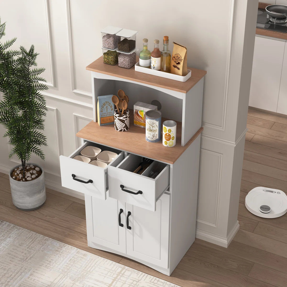 Microwave Stands: Microwave Stand with Storage – White Wooden Kitchen Pantry Cabinet with Drawer