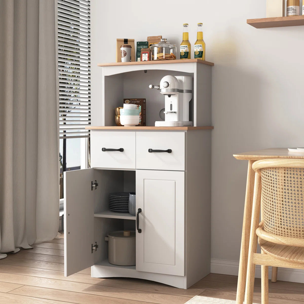 Microwave Stands: Microwave Stand with Storage – White Wooden Kitchen Pantry Cabinet with Drawer