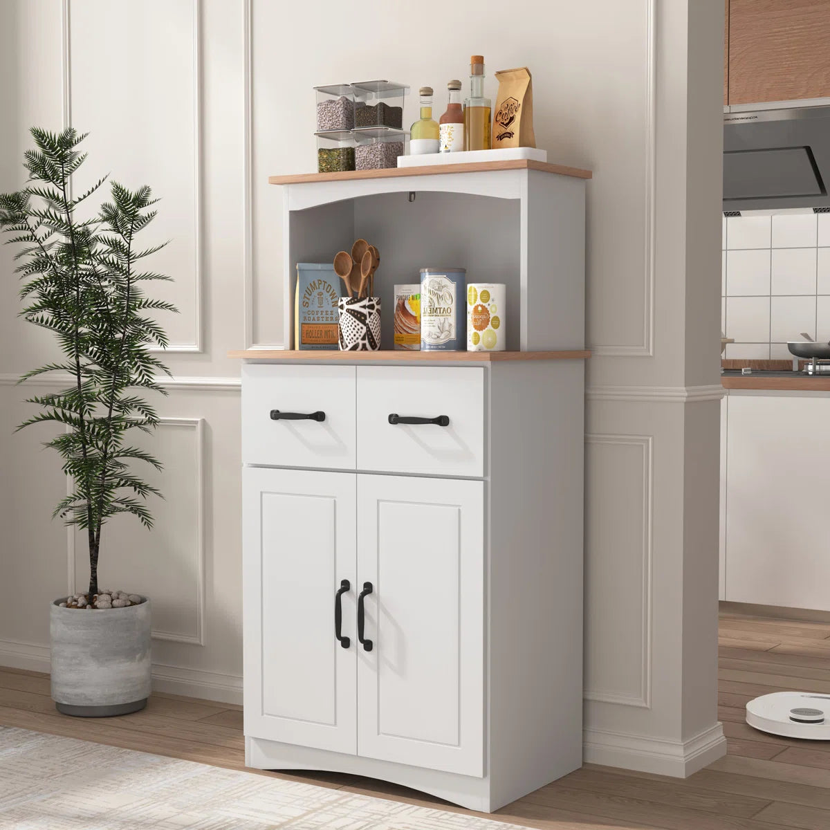 Microwave Stands: Microwave Stand with Storage – White Wooden Kitchen Pantry Cabinet with Drawer