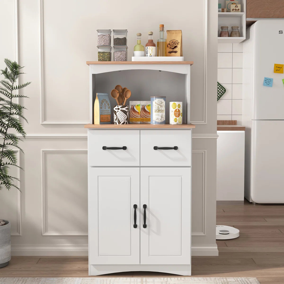 Microwave Stands: Microwave Stand with Storage – White Wooden Kitchen Pantry Cabinet with Drawer