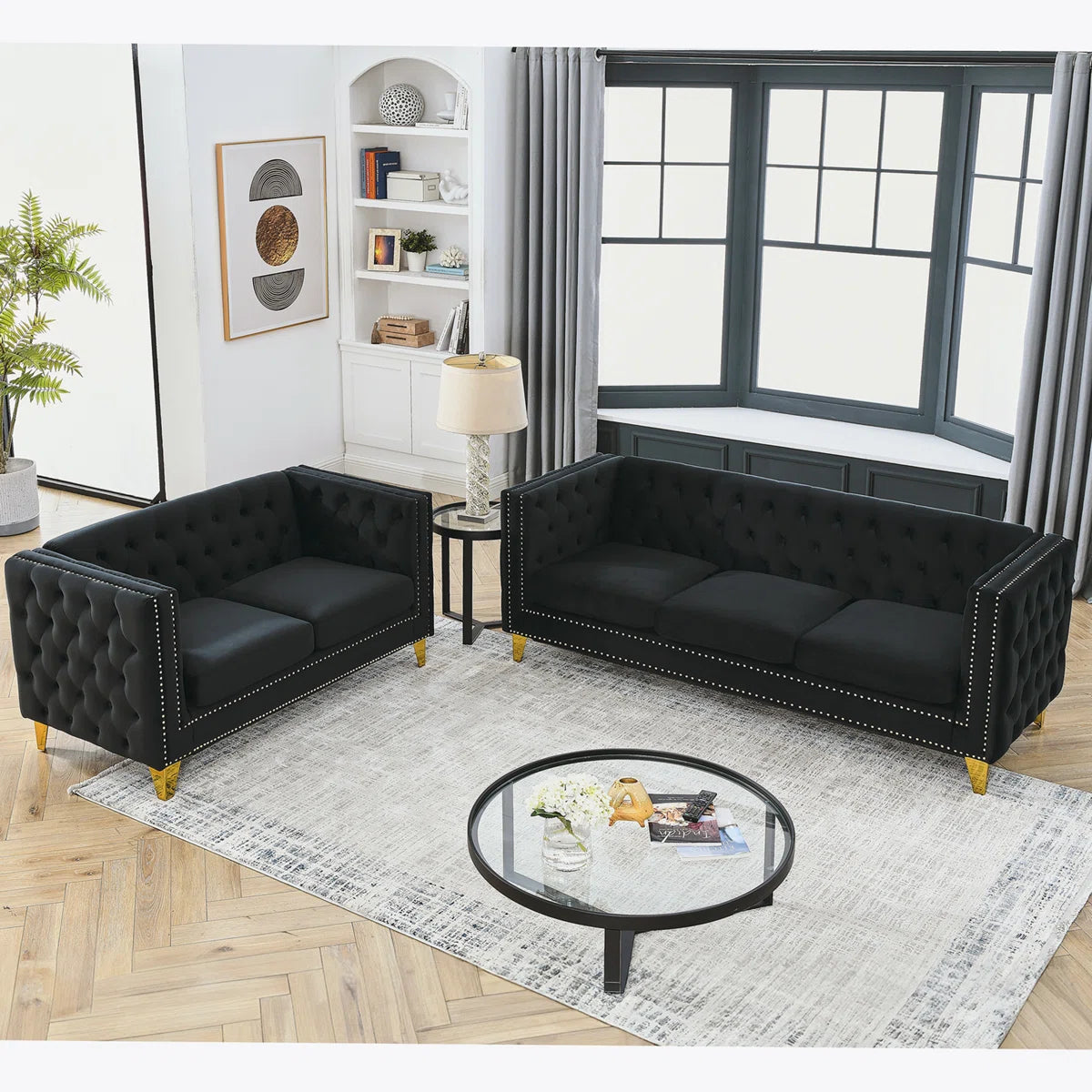 Luxury Sofa Sets: Velvet Tufted Sofa & Loveseat Set with Nailhead Trim