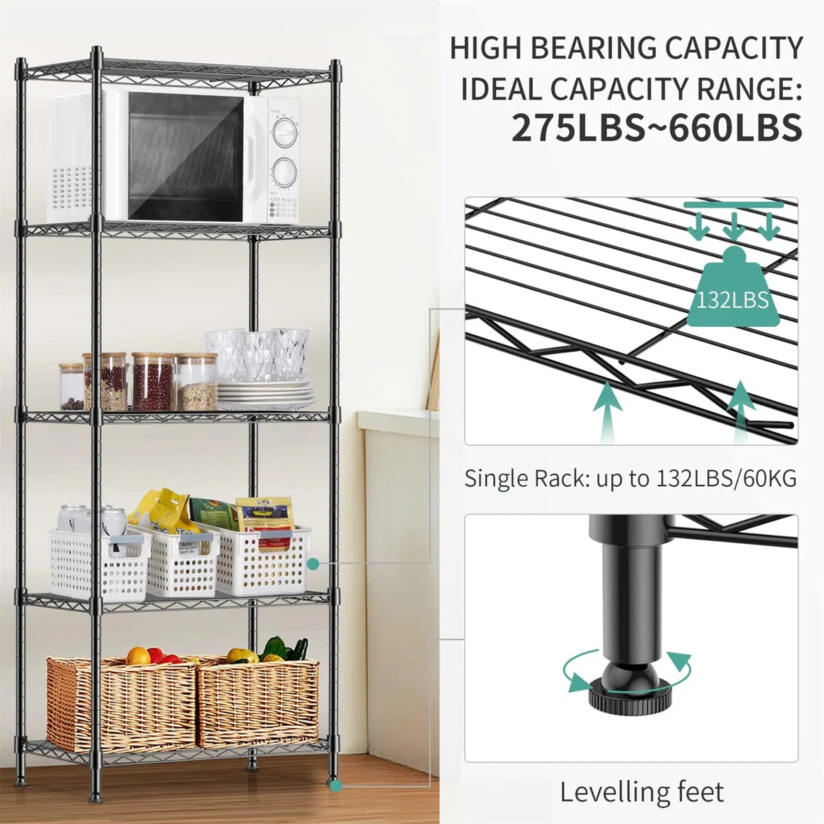 Kitchen Racks: 59.06'' Standard Baker's Rack Made of Metal and Compatible with Microwaves
