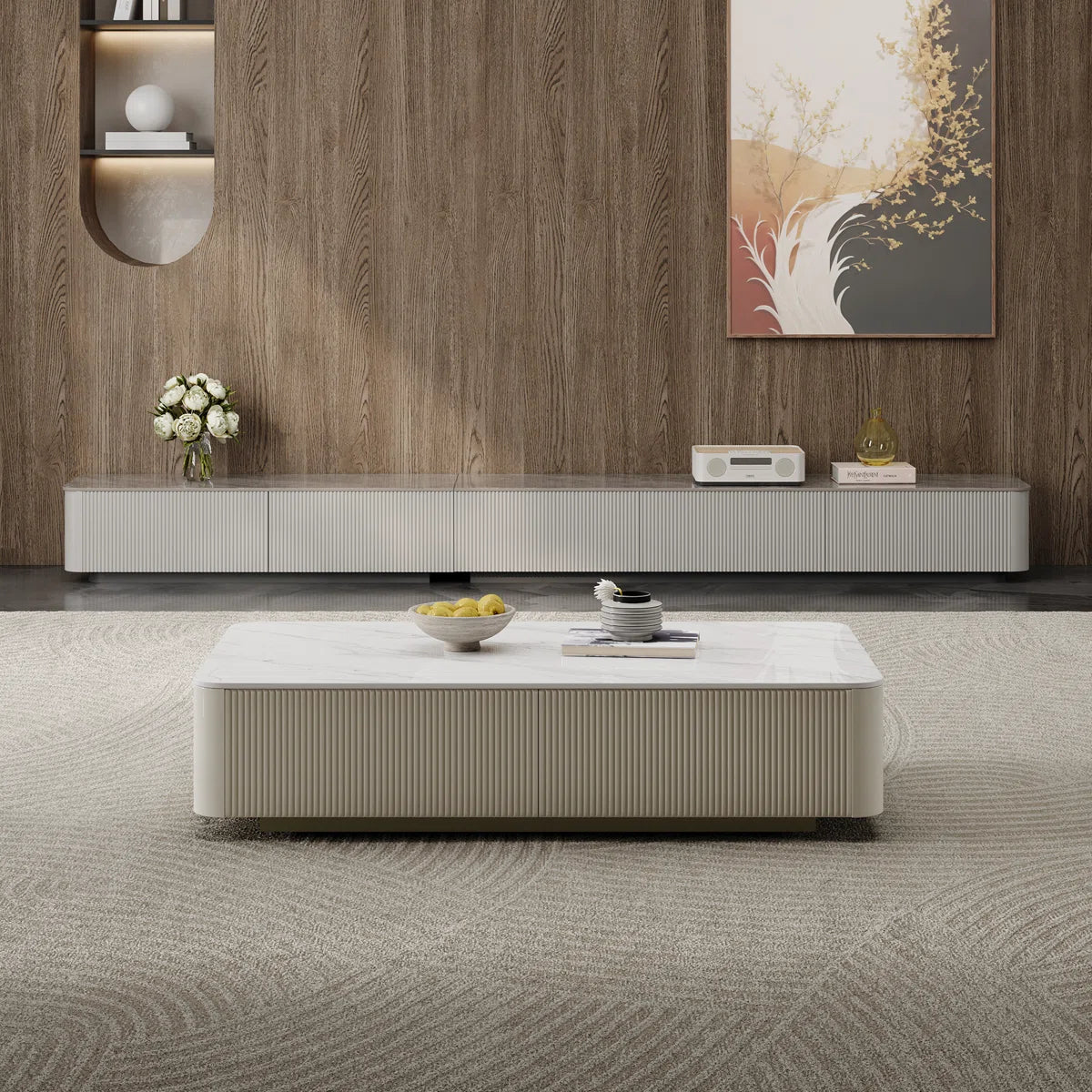 tv panel: TV cabinet with rock panel top and electroplated stainless steel frame