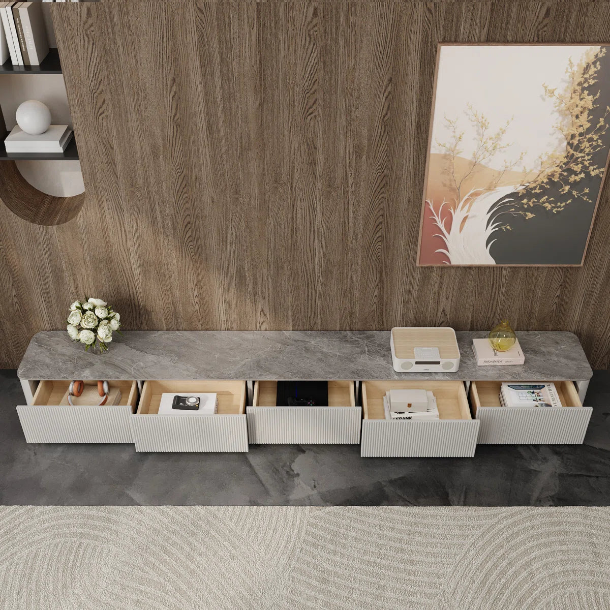 tv panel: TV cabinet with rock panel top and electroplated stainless steel frame