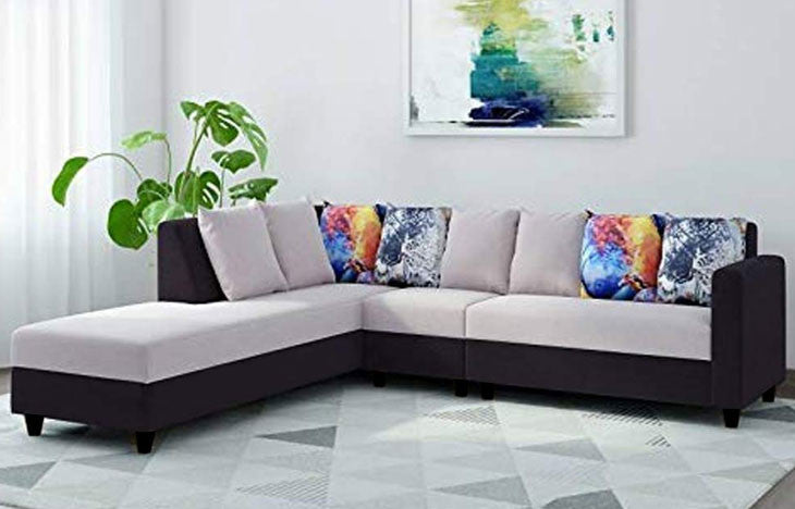 L Shape Sofa Set: Polyester Fabric Sofa Set (Light Grey - Black)-