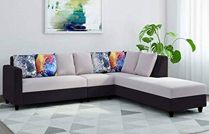 L Shape Sofa Set: Polyester Fabric Sofa Set (Light Grey - Black)