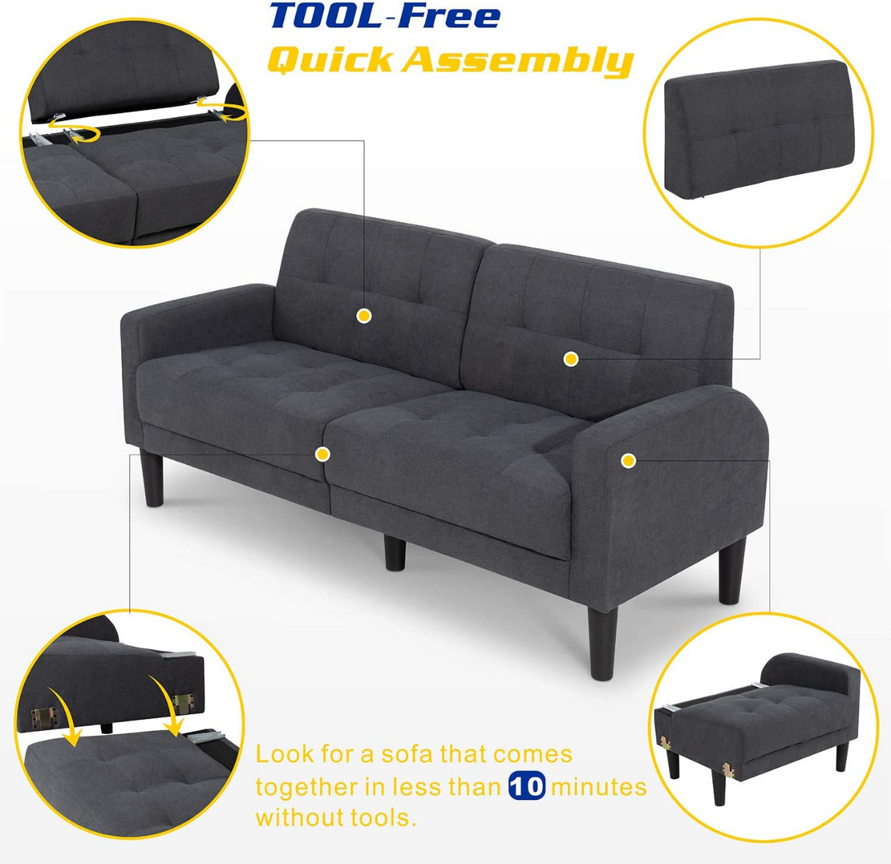 2 Seater Sofa Set: Dark Grey Convertible Sofa Couch