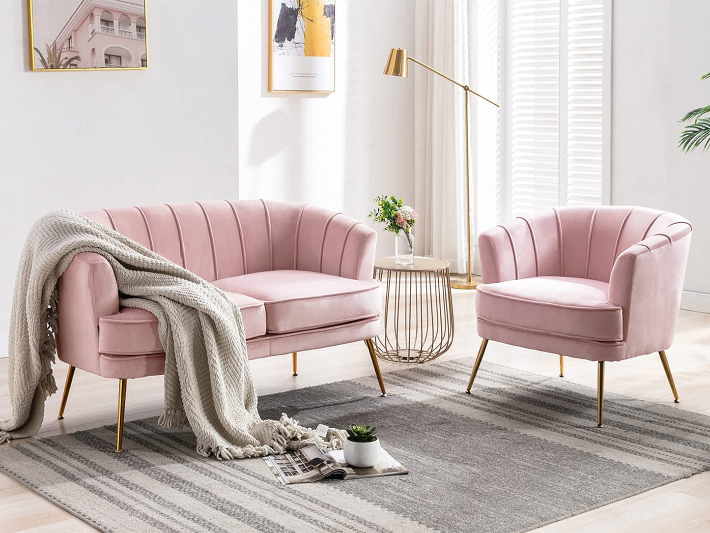 2 Seater Sofa : Light Pink Velvet Lounge Couch