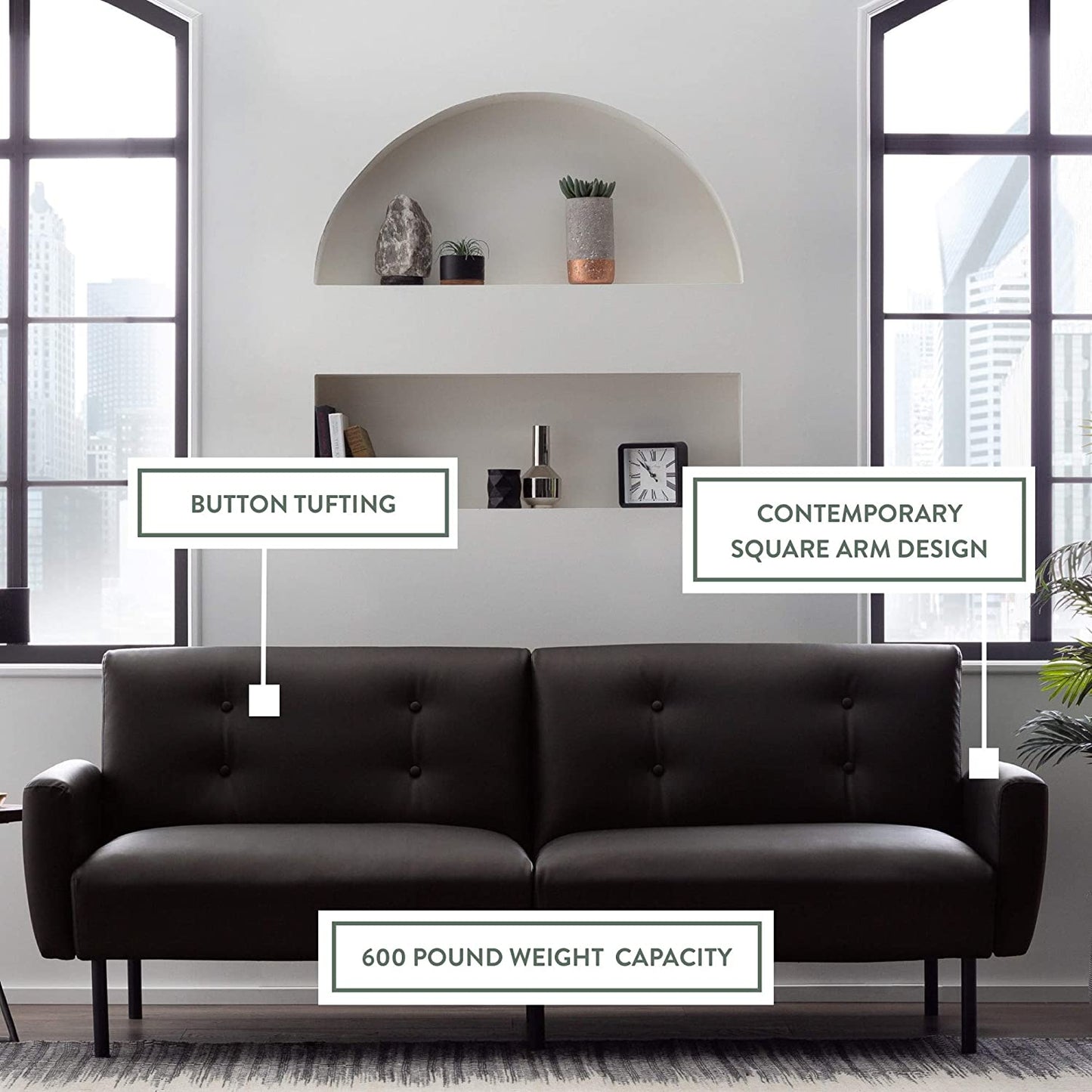 2 Seater Sofa : Black Faux Leatherette Sofa Set