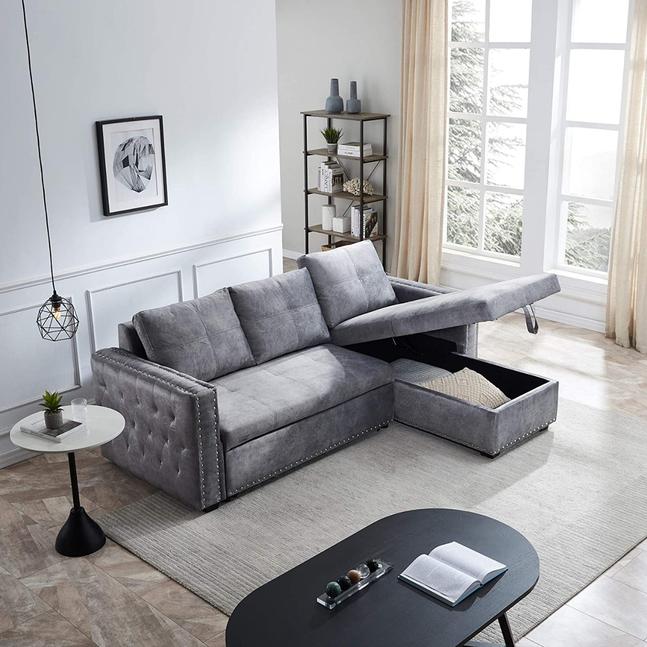 2 Seater Sofa Set: Grey Velvet L- Shaped Sleeper Sofa