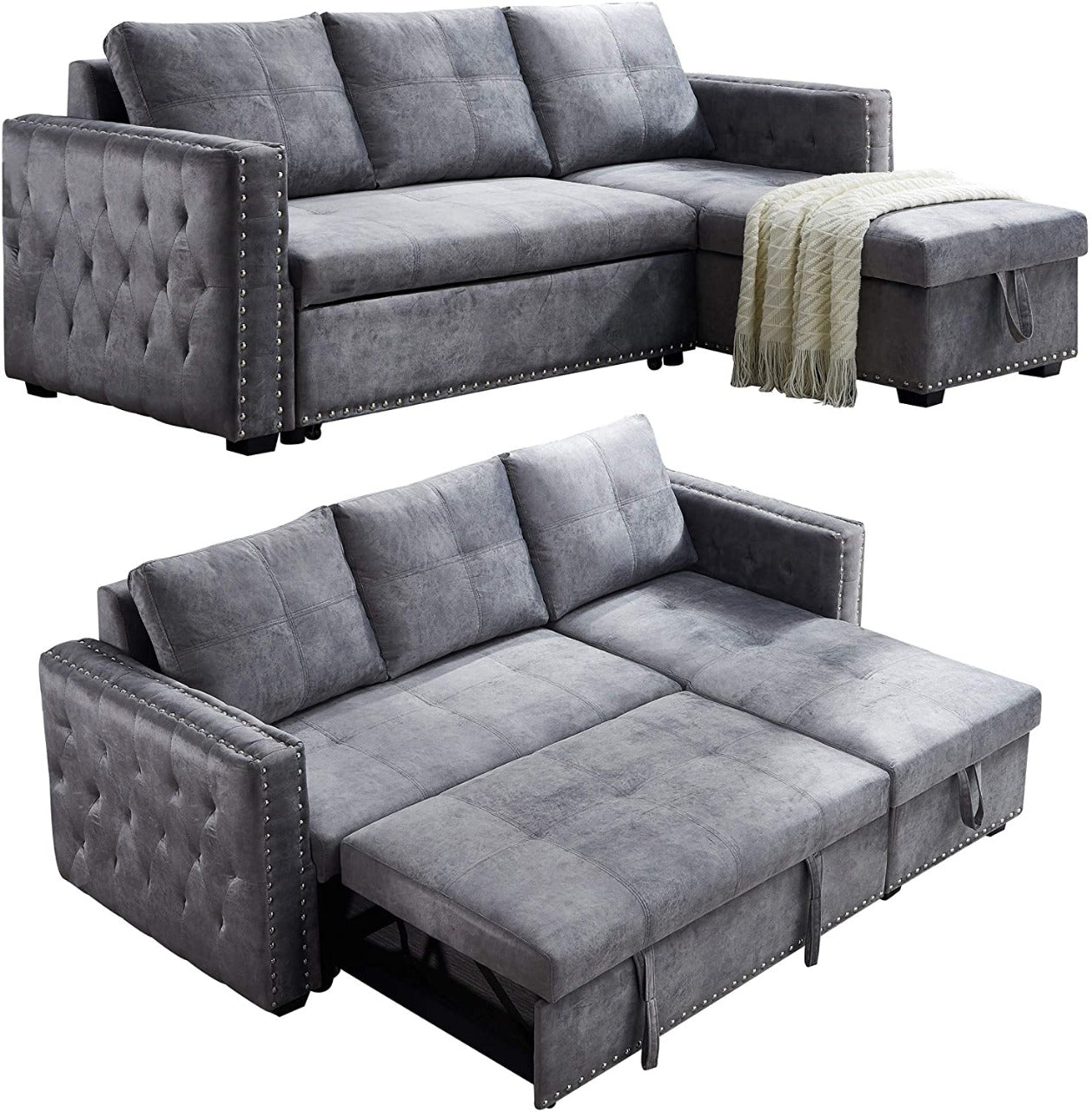2 Seater Sofa Set: Grey Velvet L- Shaped Sleeper Sofa
