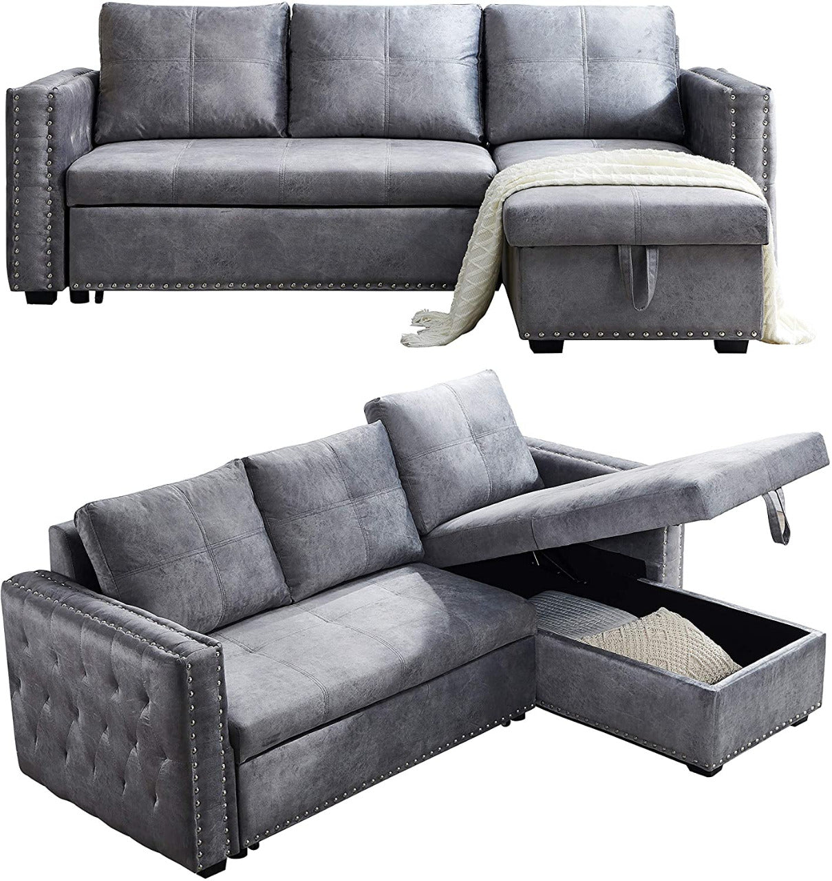 2 Seater Sofa Set: Grey Velvet L- Shaped Sleeper Sofa