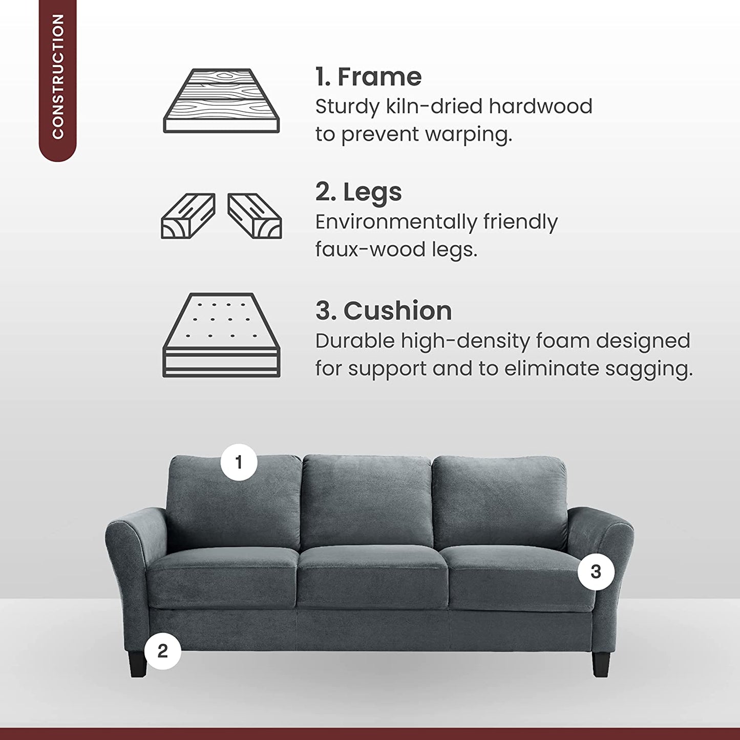 3 Seater Sofa : Dark Grey Fabric Sofa Set