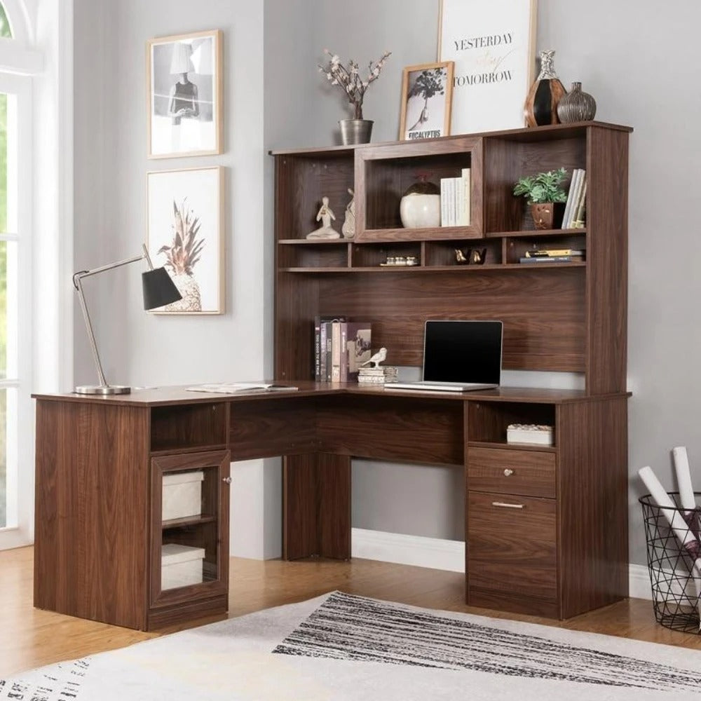 Computer Desk: Gleaming Brown Efficacious and Expensive L-Shaped Desk With Hutch And Glass Doors