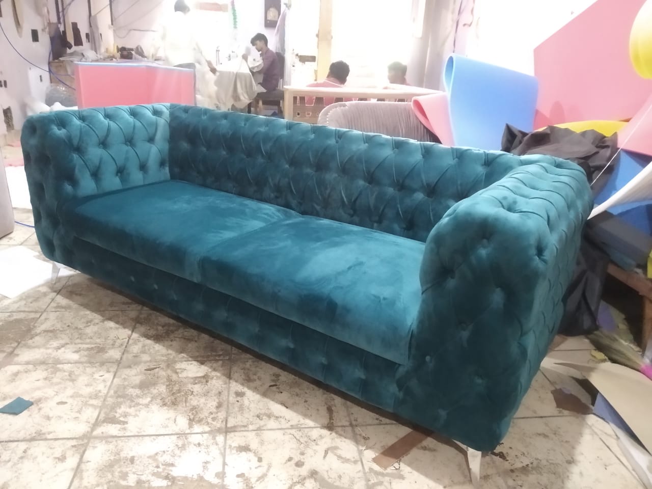 3 Seater Sofa Set:- Chesterfield Hardwood Velvet Fabric Sofa Set