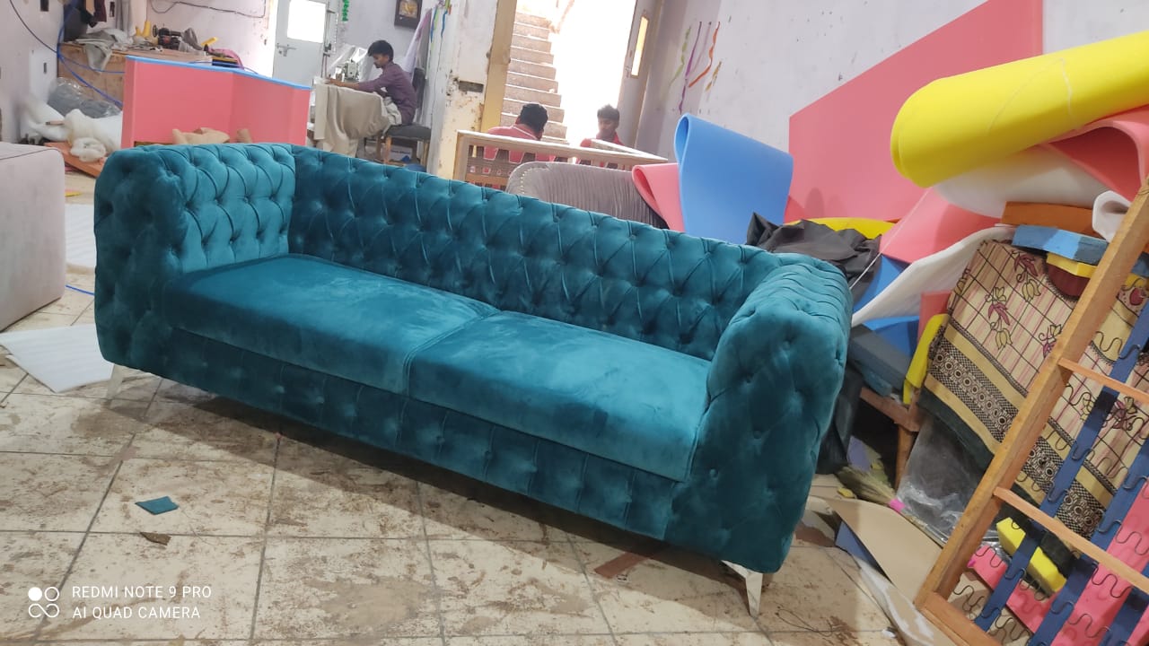 3 Seater Sofa Set:- Chesterfield Hardwood Velvet Fabric Sofa Set