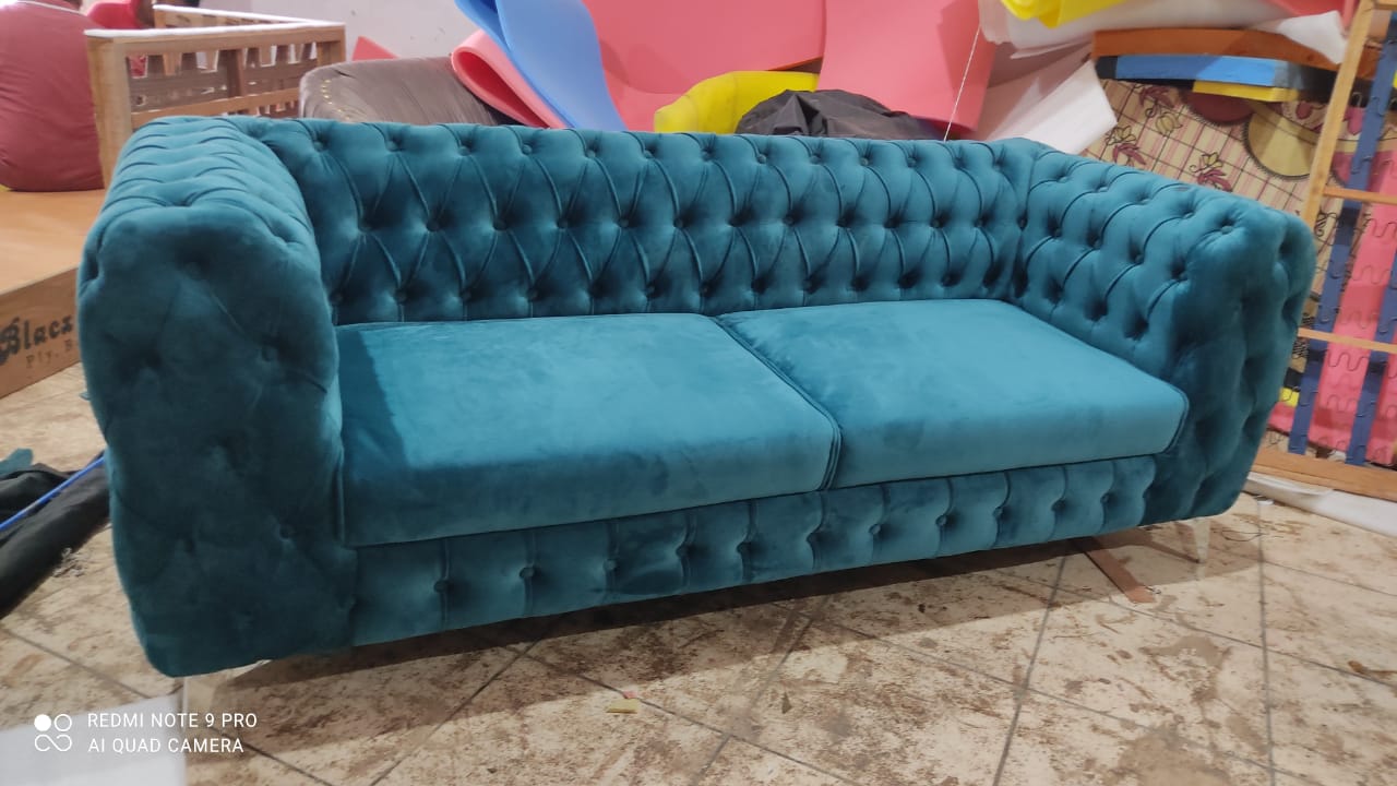 3 Seater Sofa Set:- Chesterfield Hardwood Velvet Fabric Sofa Set