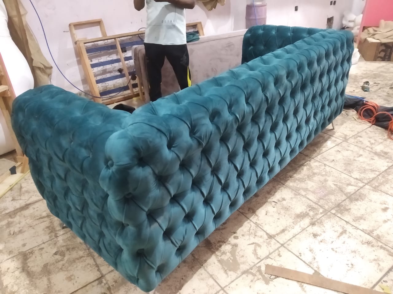3 Seater Sofa Set:- Chesterfield Hardwood Velvet Fabric Sofa Set