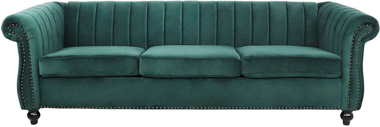 3 Seater Sofa : Tufted Velvet Sofa with Rolled armrests