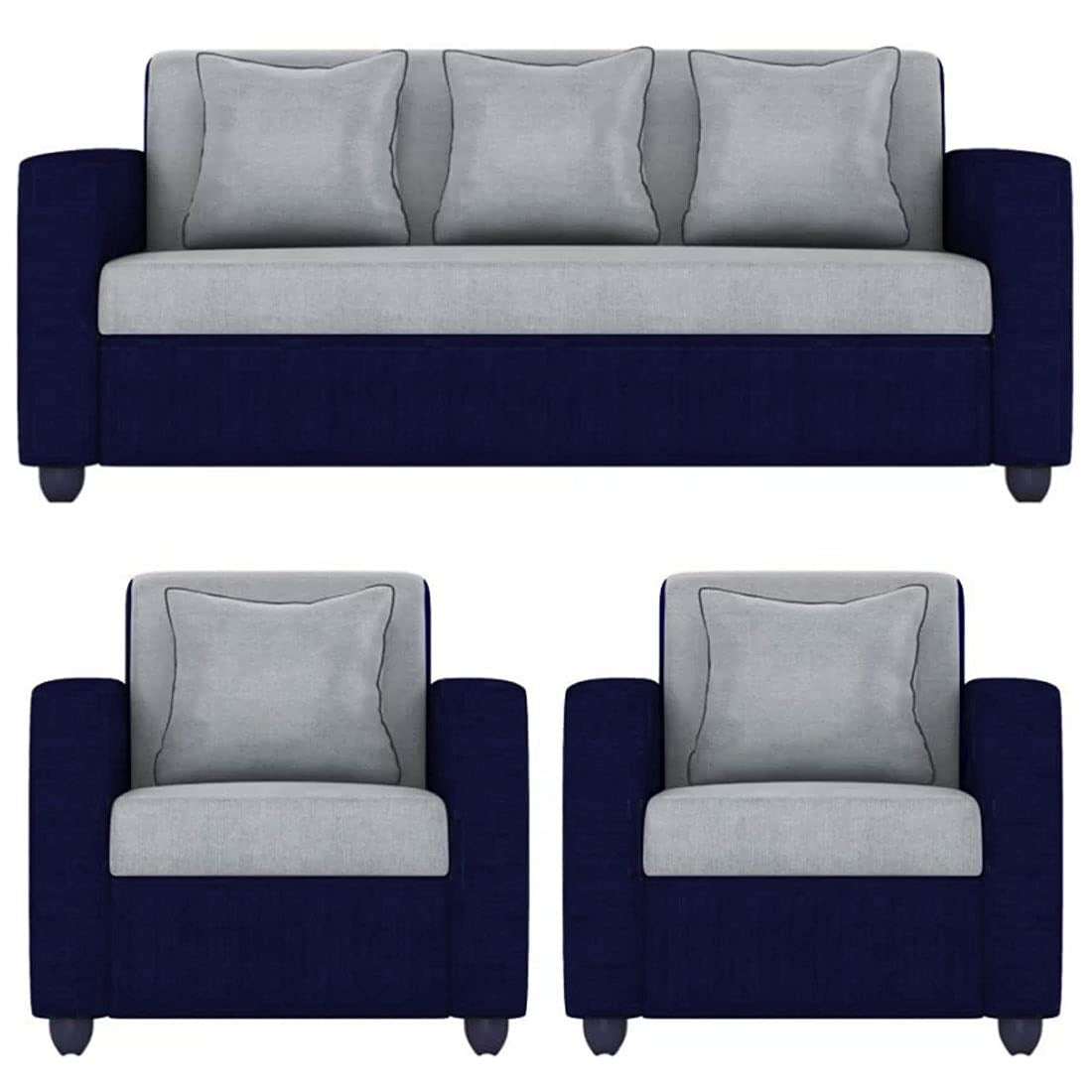 5 Seater Sofa Set: 3+1+1 Fabric Sofa Set (Light Grey-Dark Blue)