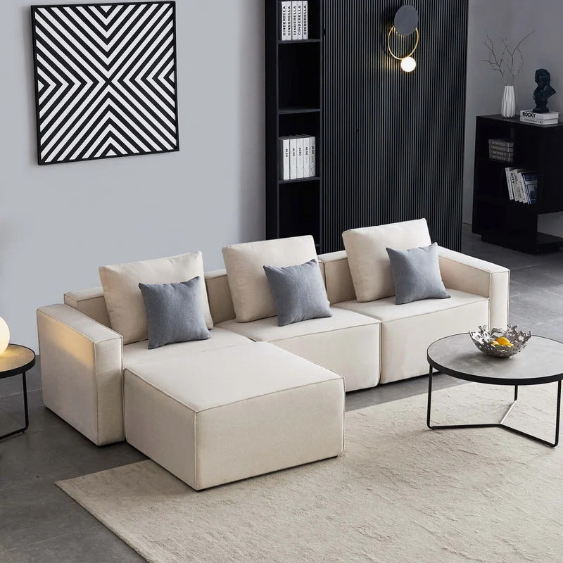 4 Seater Sofa Set: 108.3'' Linen Square Arm L Shape Sofa Chaise