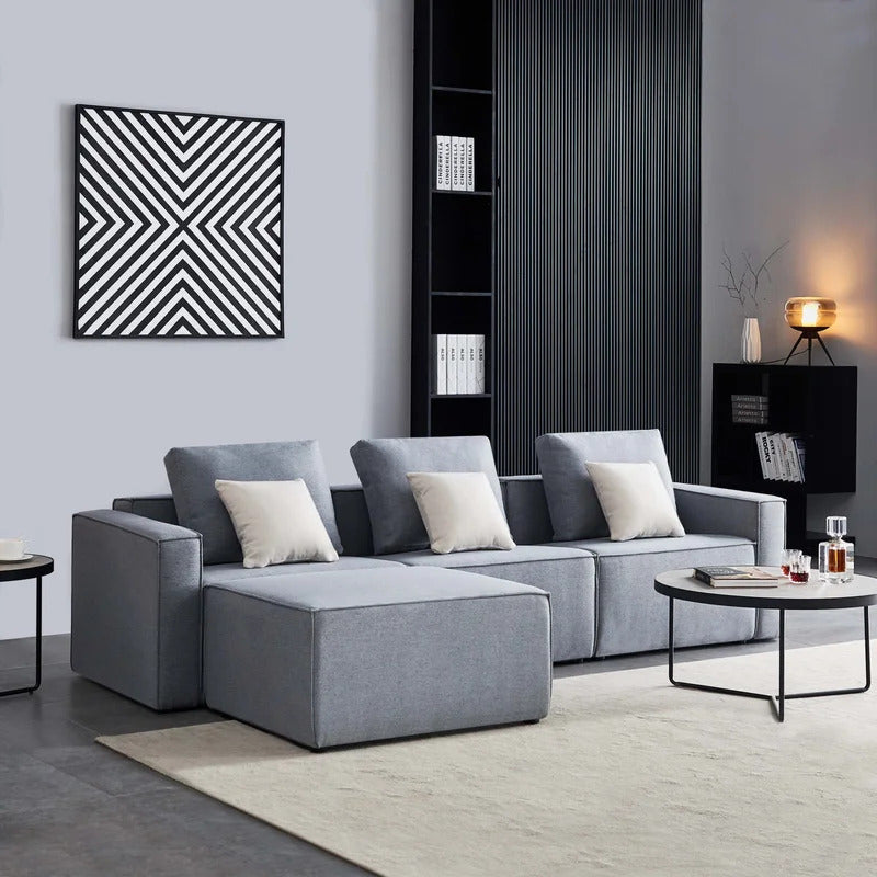 4 Seater Sofa Set: 108.3'' Linen Square Arm L Shape Sofa Chaise