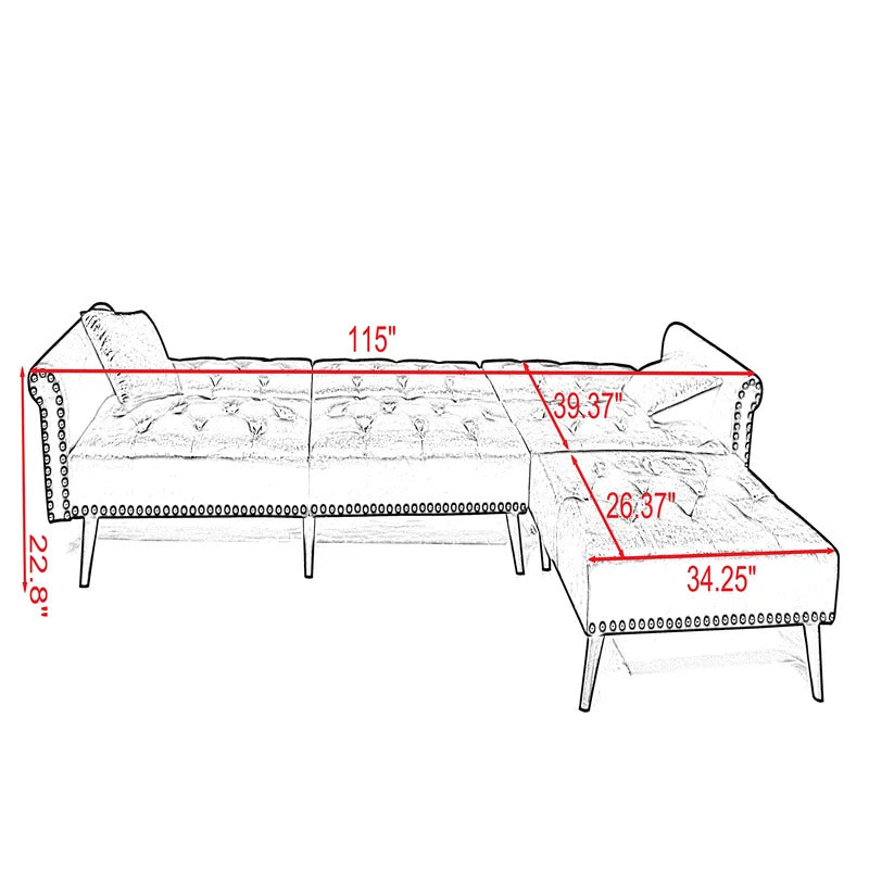 4 Seater Sofa Set: 115'' Velvet Pillow Top Arm L Shaped Sofa