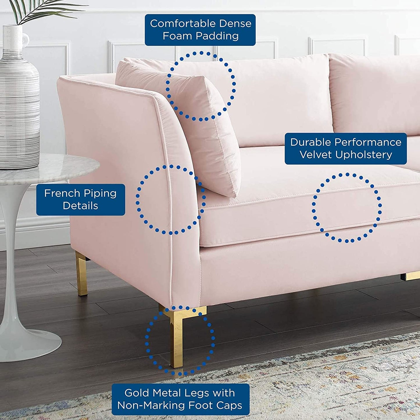 4 Seater Sofa Set : 134'' Velvet Flared Arm Modular Sofa Set