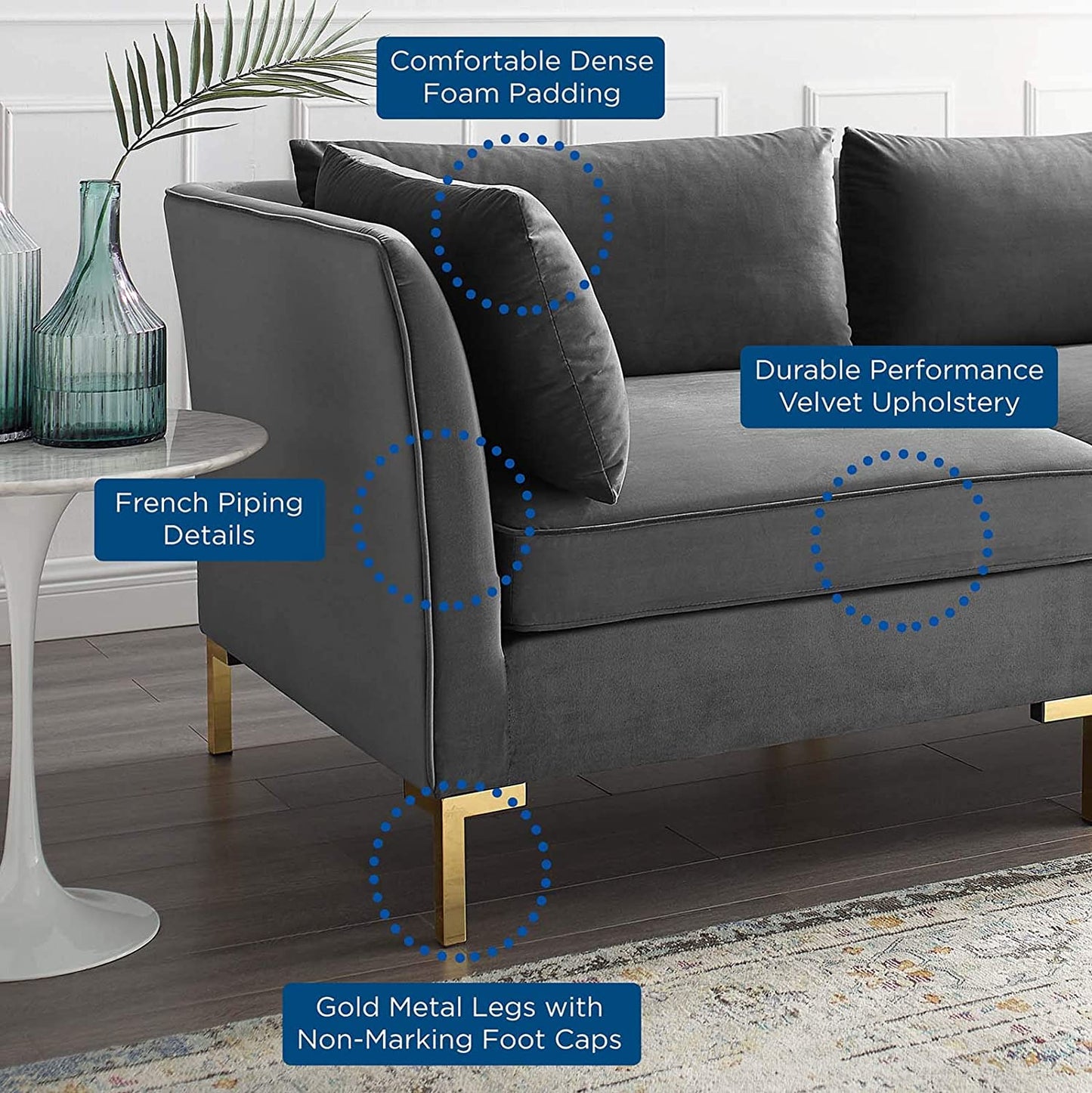 4 Seater Sofa Set : 134'' Velvet Flared Arm Modular Sofa Set
