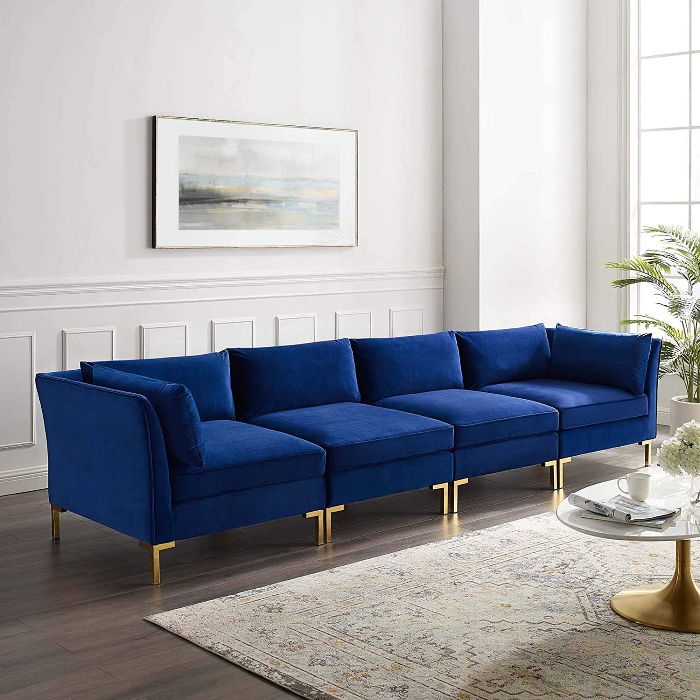 4 Seater Sofa Set : 134'' Velvet Flared Arm Modular Sofa Set