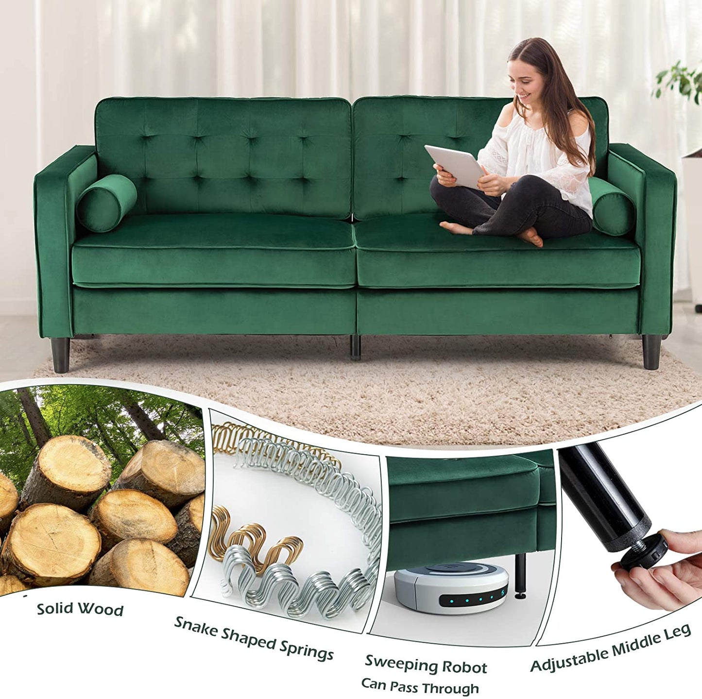 4 Seater Sofa Set : 84.2'' Velvet Rolled Arm Sofa
