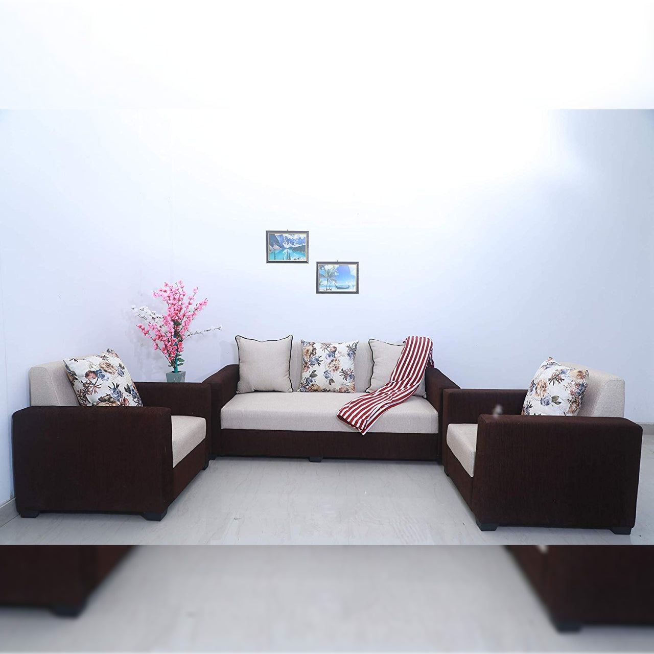 5 Seater Sofa Set Fine Bone 3+1+1 Fabric Sofa Set (Brown & Beige)