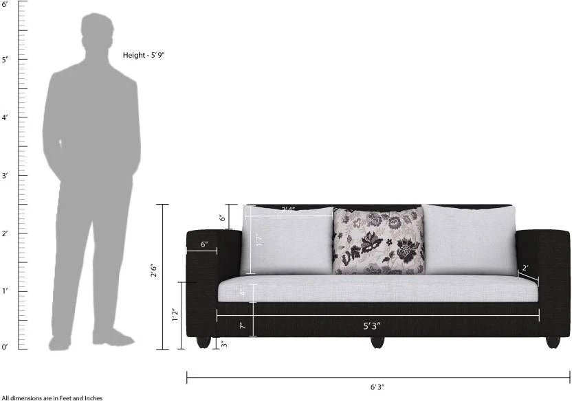 5 Seater Sofa Set (3 + 1 + 1) Fabric Sofa Set (Black and Grey)