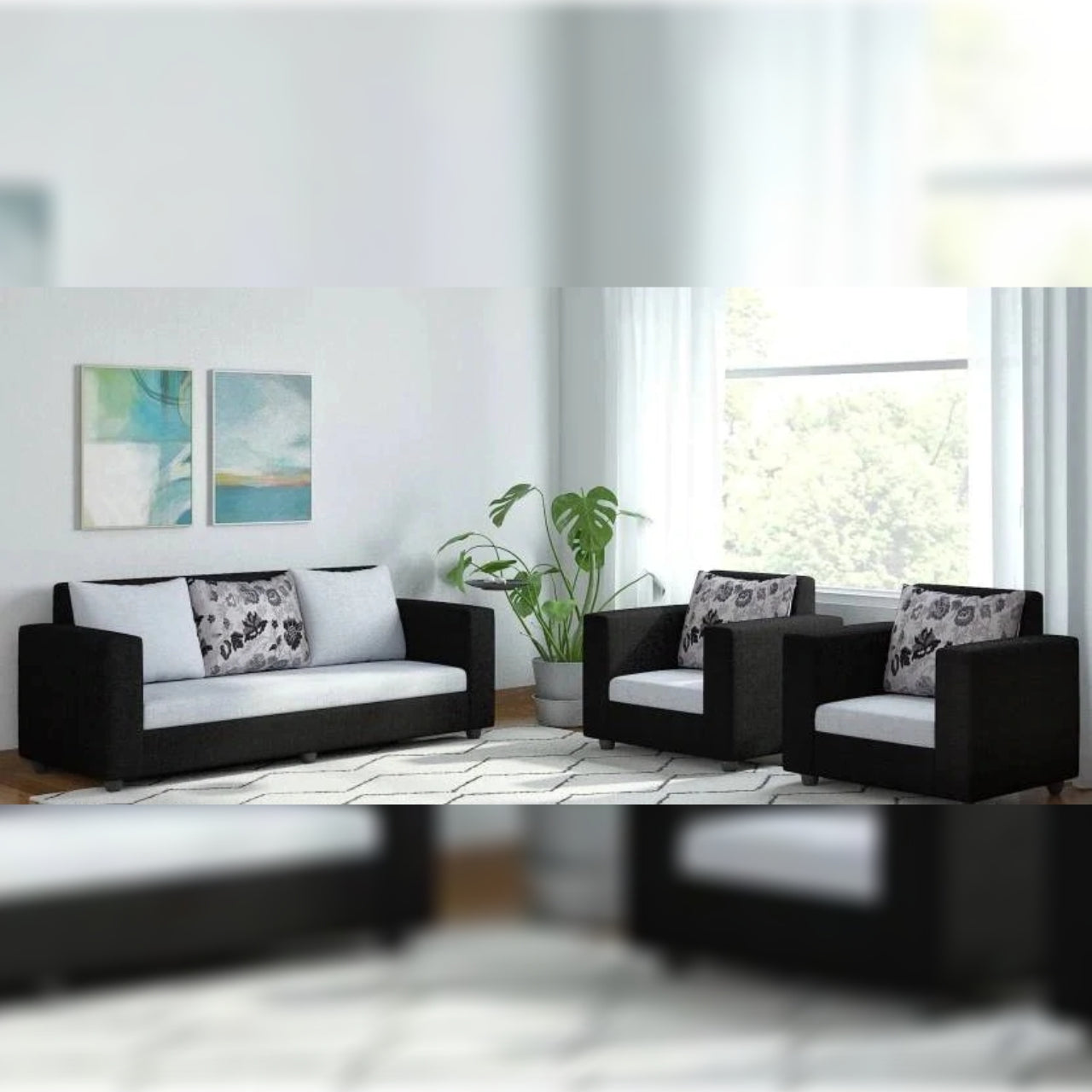 5 Seater Sofa Set (3 + 1 + 1) Fabric Sofa Set (Black and Grey)